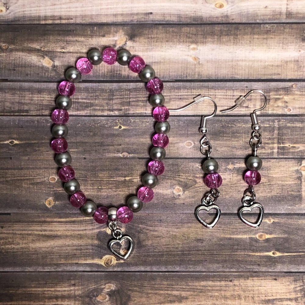 Jewelry Set for Girls Earrings and Bracelet Heart Valentine's Day Love Pink
